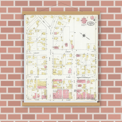 Old map wall art mockup — magnetic wood frame on brick wall — Sanborn Fire Insurance Map from London, Madison County, Ohio (1910), Sheet #0004