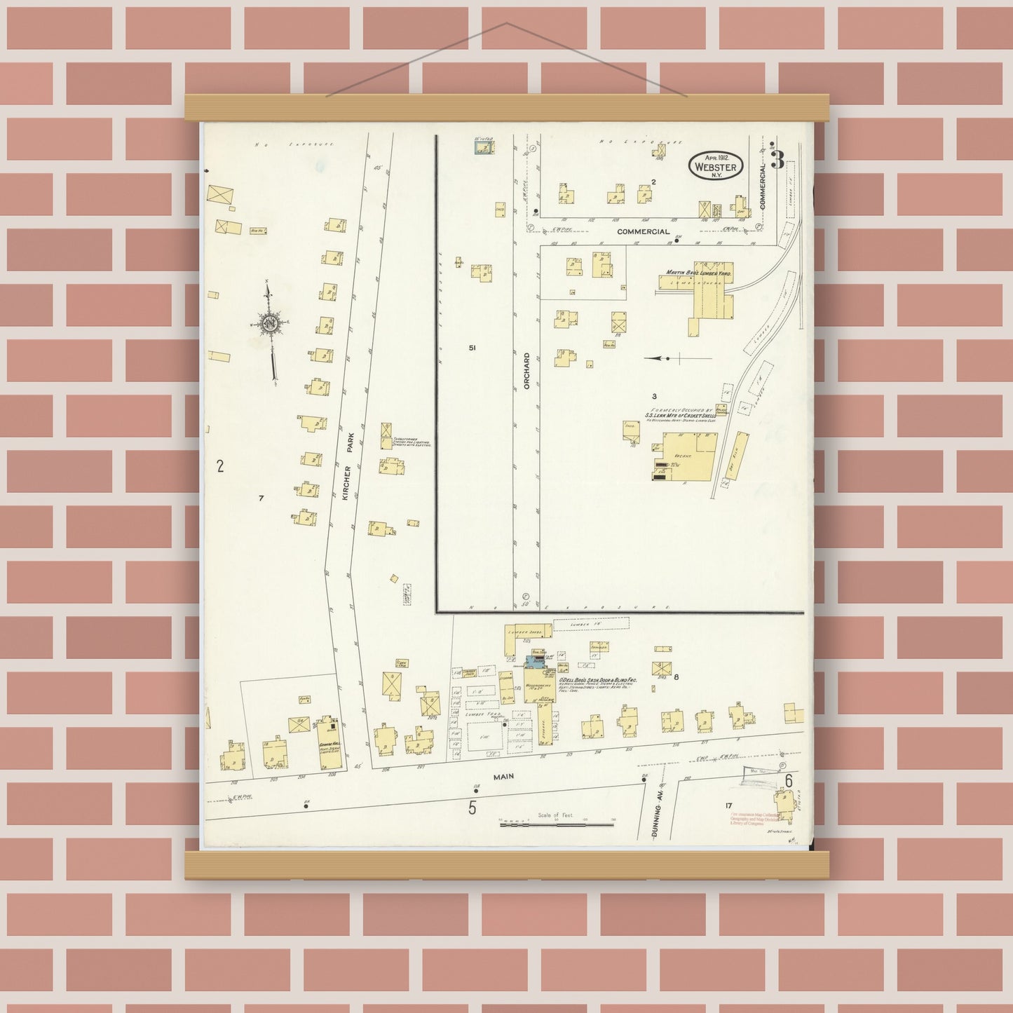 Old map wall art mockup — magnetic wood frame on brick wall — Sanborn Fire Insurance Map from Webster, Monroe County, New York (1912), Sheet #0003
