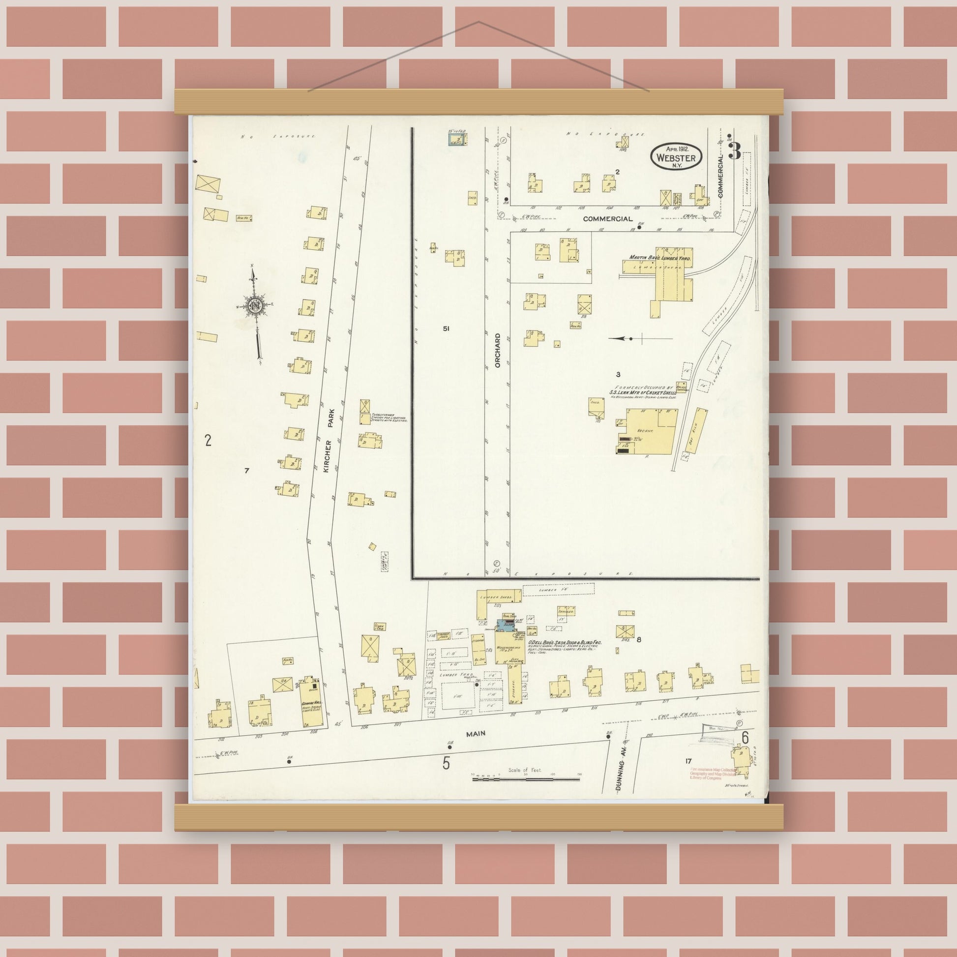 Old map wall art mockup — magnetic wood frame on brick wall — Sanborn Fire Insurance Map from Webster, Monroe County, New York (1912), Sheet #0003