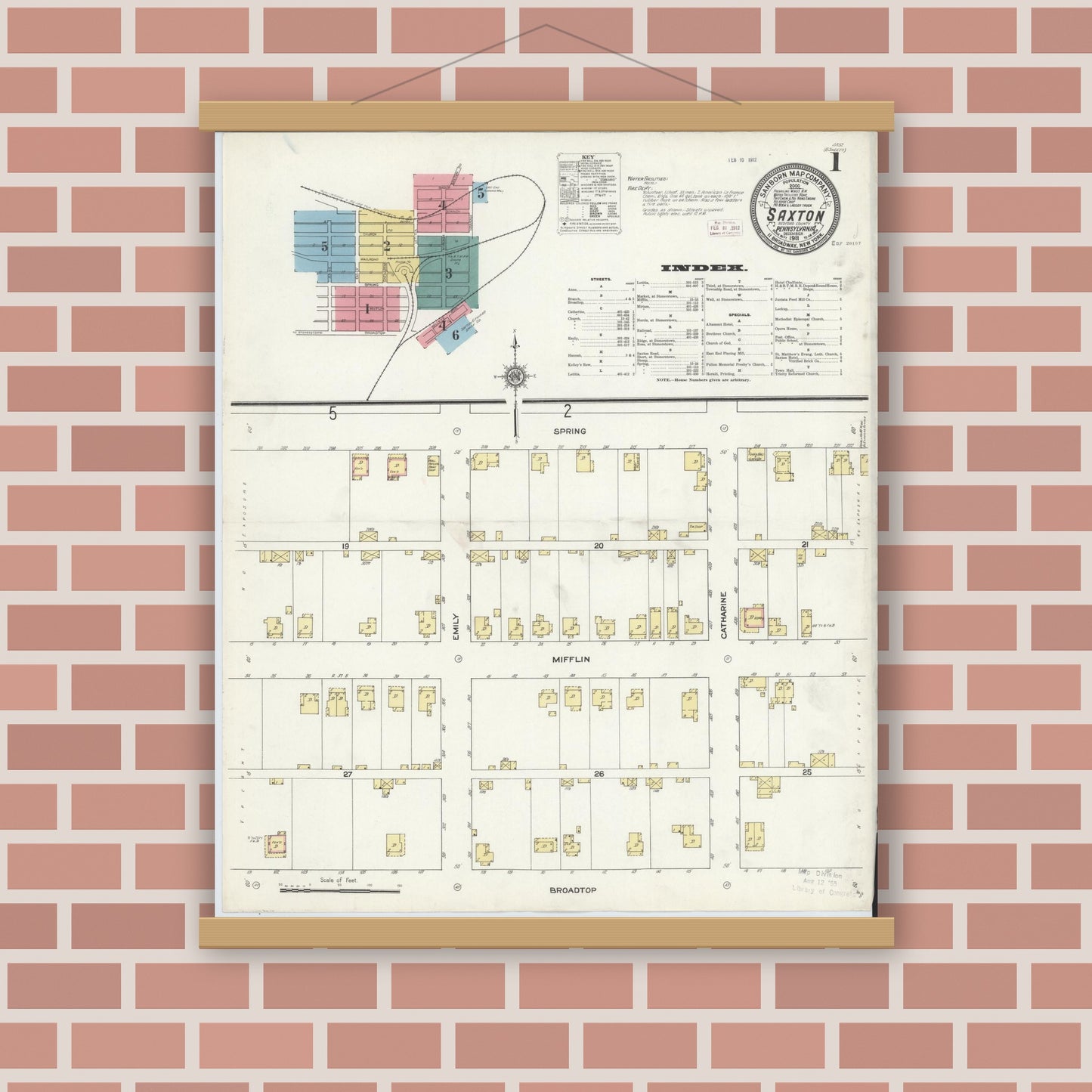 Old map wall art mockup — magnetic wood frame on brick wall — Sanborn Fire Insurance Map from Saxton, Bedford County, Pennsylvania (1911) - Complete Map Set