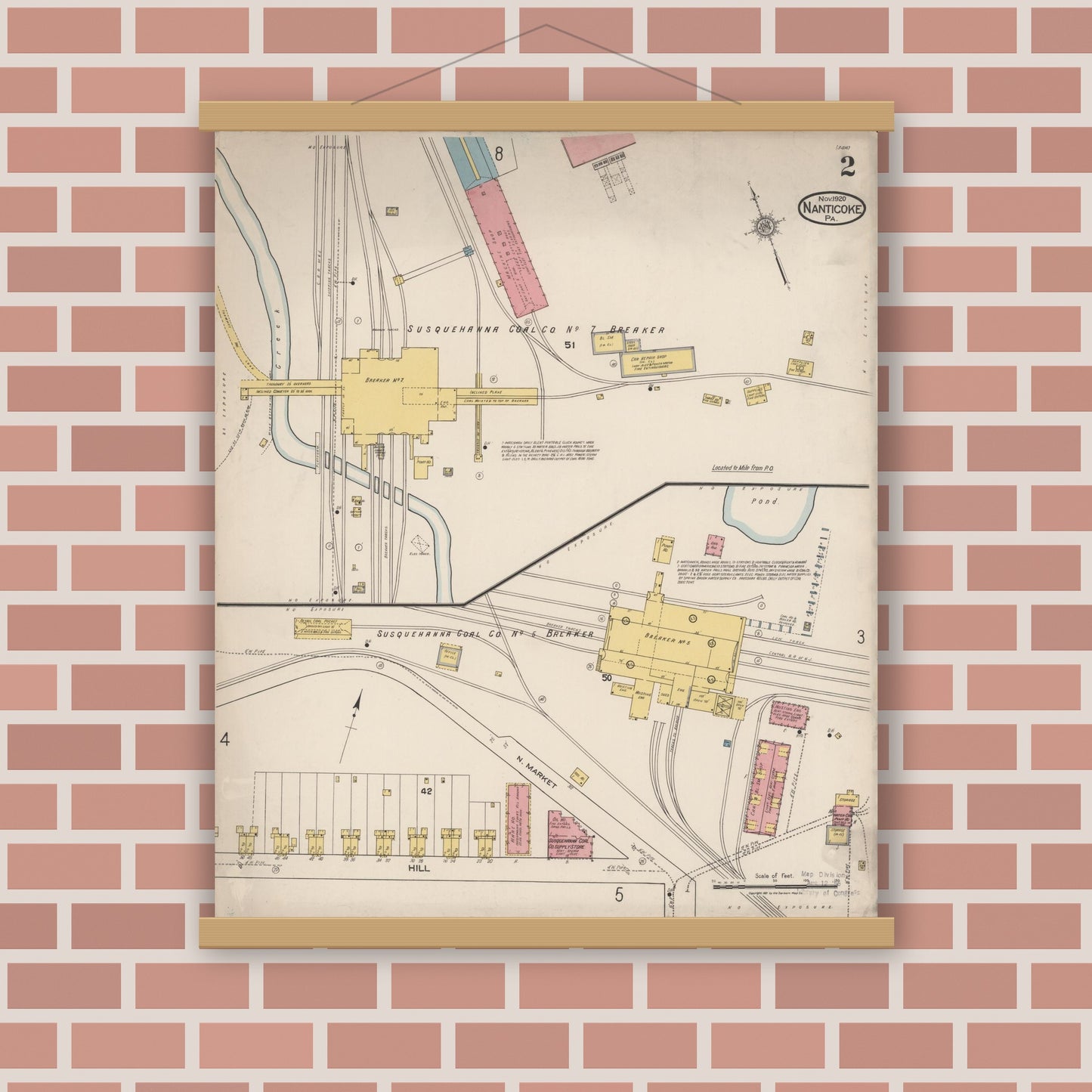 Old map wall art mockup — magnetic wood frame on brick wall — Sanborn Fire Insurance Map from Nanticoke, Luzerne County, Pennsylvania (1920), Sheet #0002