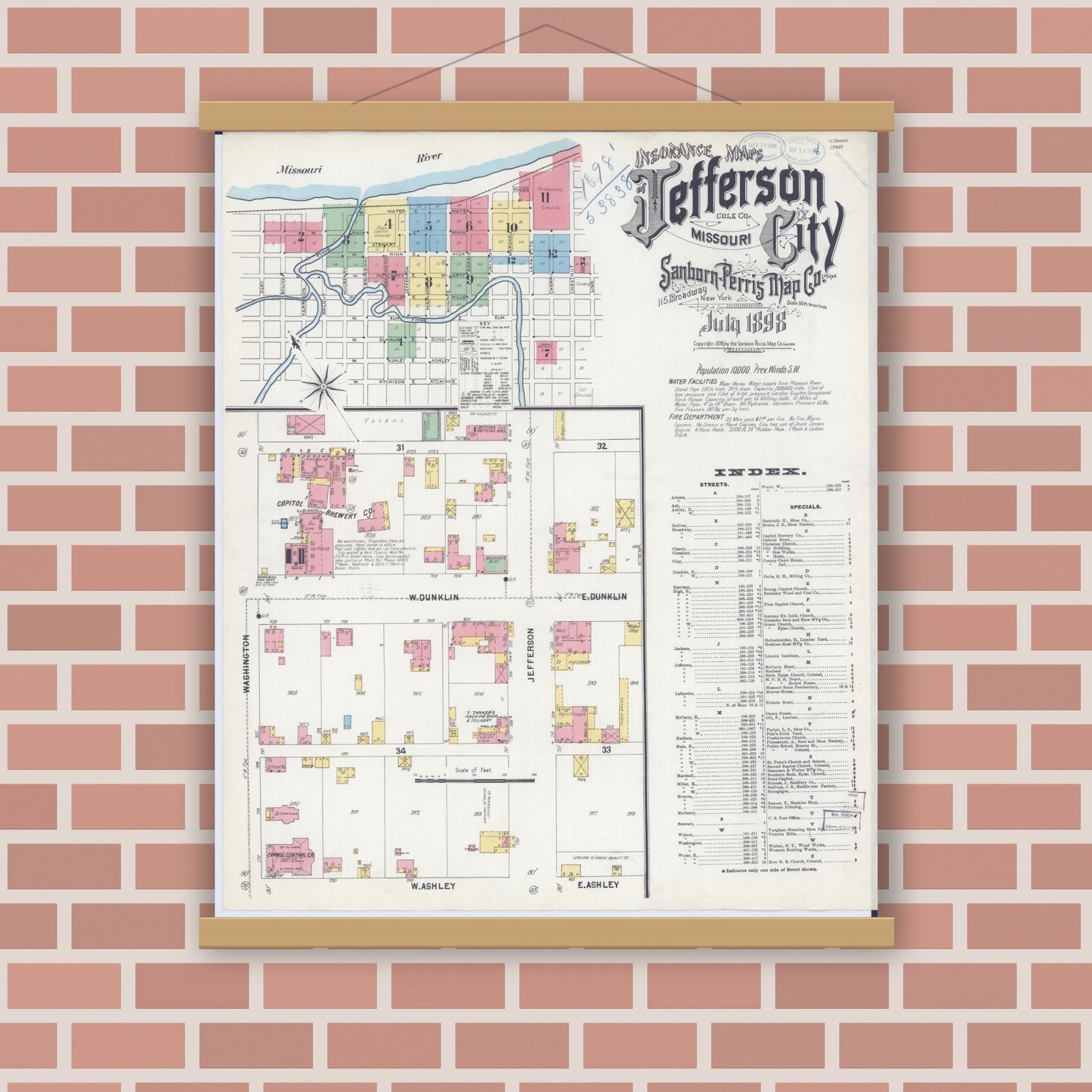 Old map wall art mockup — magnetic wood frame on brick wall — Sanborn Fire Insurance Map from Jefferson City, Cole County, Missouri (1898) - Complete Map Set