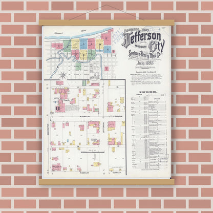 Old map wall art mockup — magnetic wood frame on brick wall — Sanborn Fire Insurance Map from Jefferson City, Cole County, Missouri (1898) - Complete Map Set