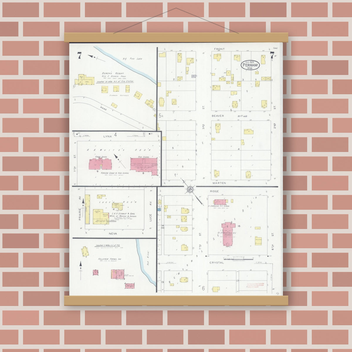 Old map wall art mockup — magnetic wood frame on brick wall — Sanborn Fire Insurance Map from Perham, Otter Tail County, Minnesota (1929), Sheet #0007