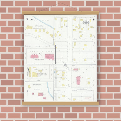 Old map wall art mockup — magnetic wood frame on brick wall — Sanborn Fire Insurance Map from Perham, Otter Tail County, Minnesota (1929), Sheet #0007