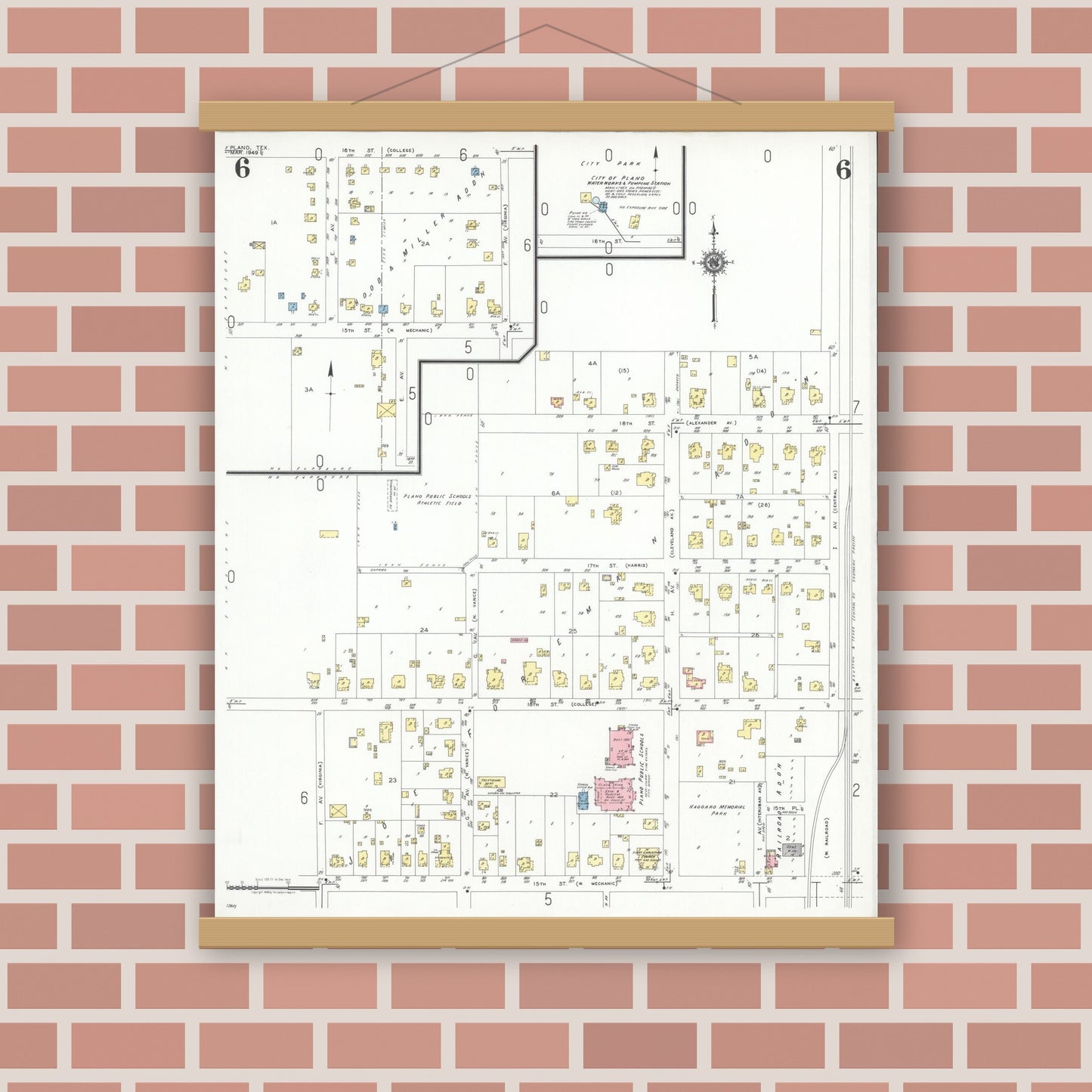Old map wall art mockup — magnetic wood frame on brick wall — Sanborn Fire Insurance Map from Plano, Collin County, Texas (1949), Sheet #0006