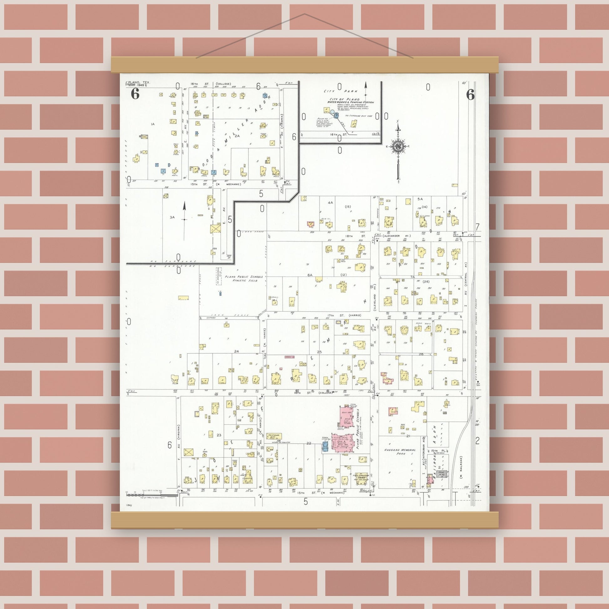 Old map wall art mockup — magnetic wood frame on brick wall — Sanborn Fire Insurance Map from Plano, Collin County, Texas (1949), Sheet #0006