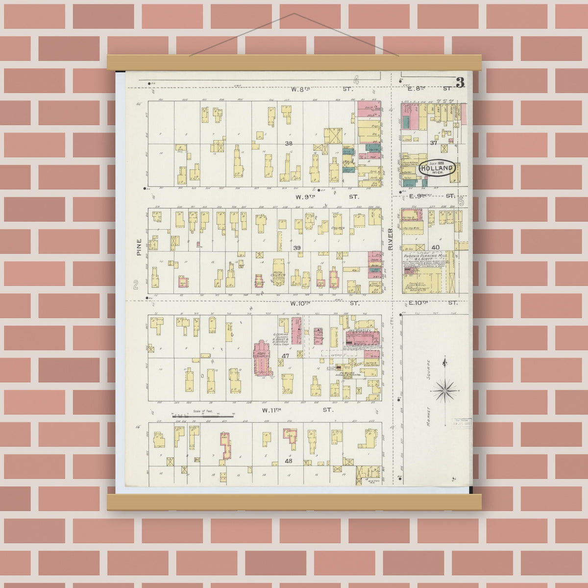 Old map wall art mockup — magnetic wood frame on brick wall — Sanborn Fire Insurance Map from Holland, Ottawa County, Michigan (1893), Sheet #0003