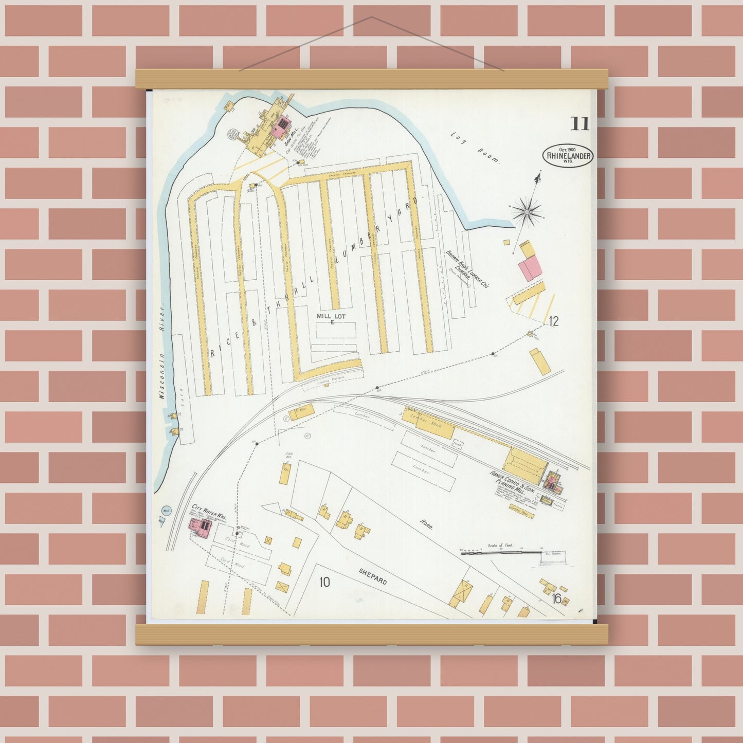 Old map wall art mockup — magnetic wood frame on brick wall — Sanborn Fire Insurance Map from Rhinelander, Oneida County, Wisconsin (1900), Sheet #0011