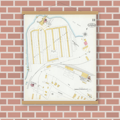 Old map wall art mockup — magnetic wood frame on brick wall — Sanborn Fire Insurance Map from Rhinelander, Oneida County, Wisconsin (1900), Sheet #0011
