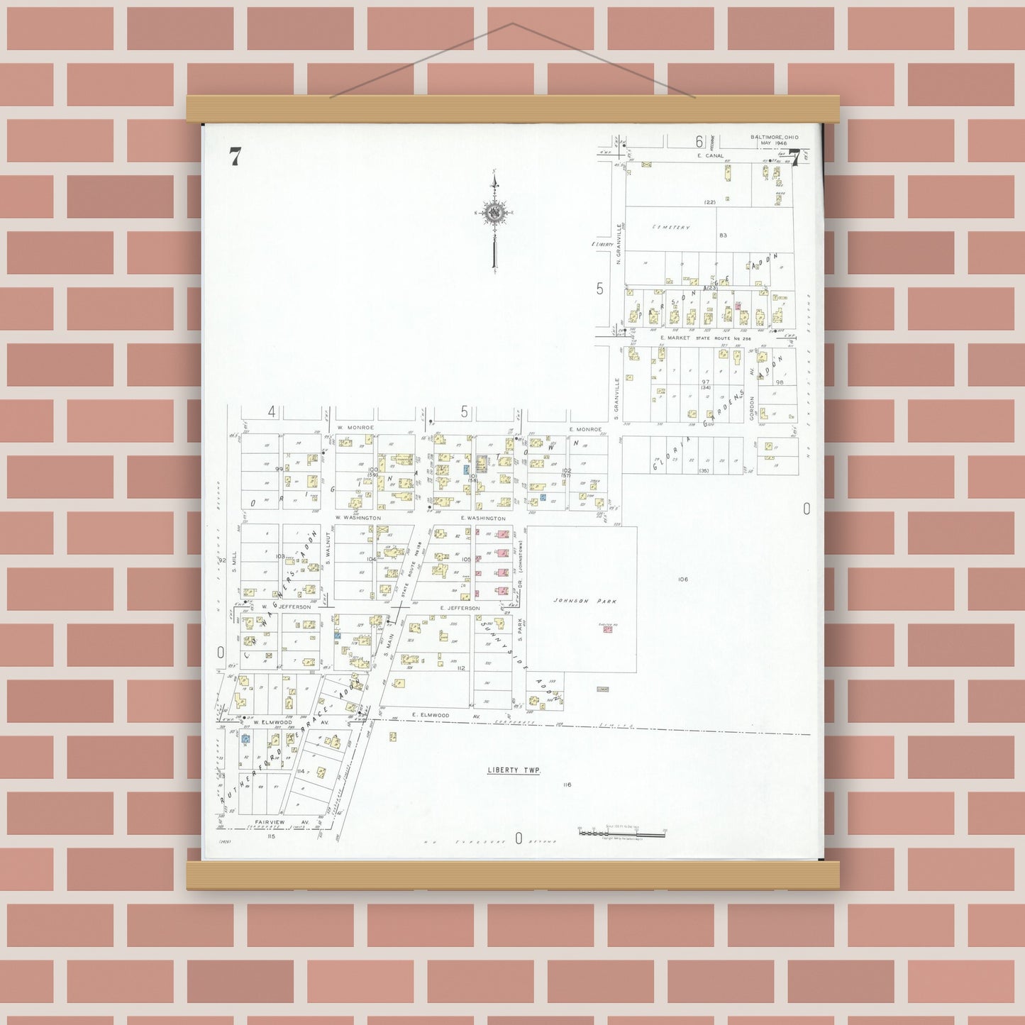 Old map wall art mockup — magnetic wood frame on brick wall — Sanborn Fire Insurance Map from Baltimore, Fairfield County, Ohio (1946), Sheet #0007