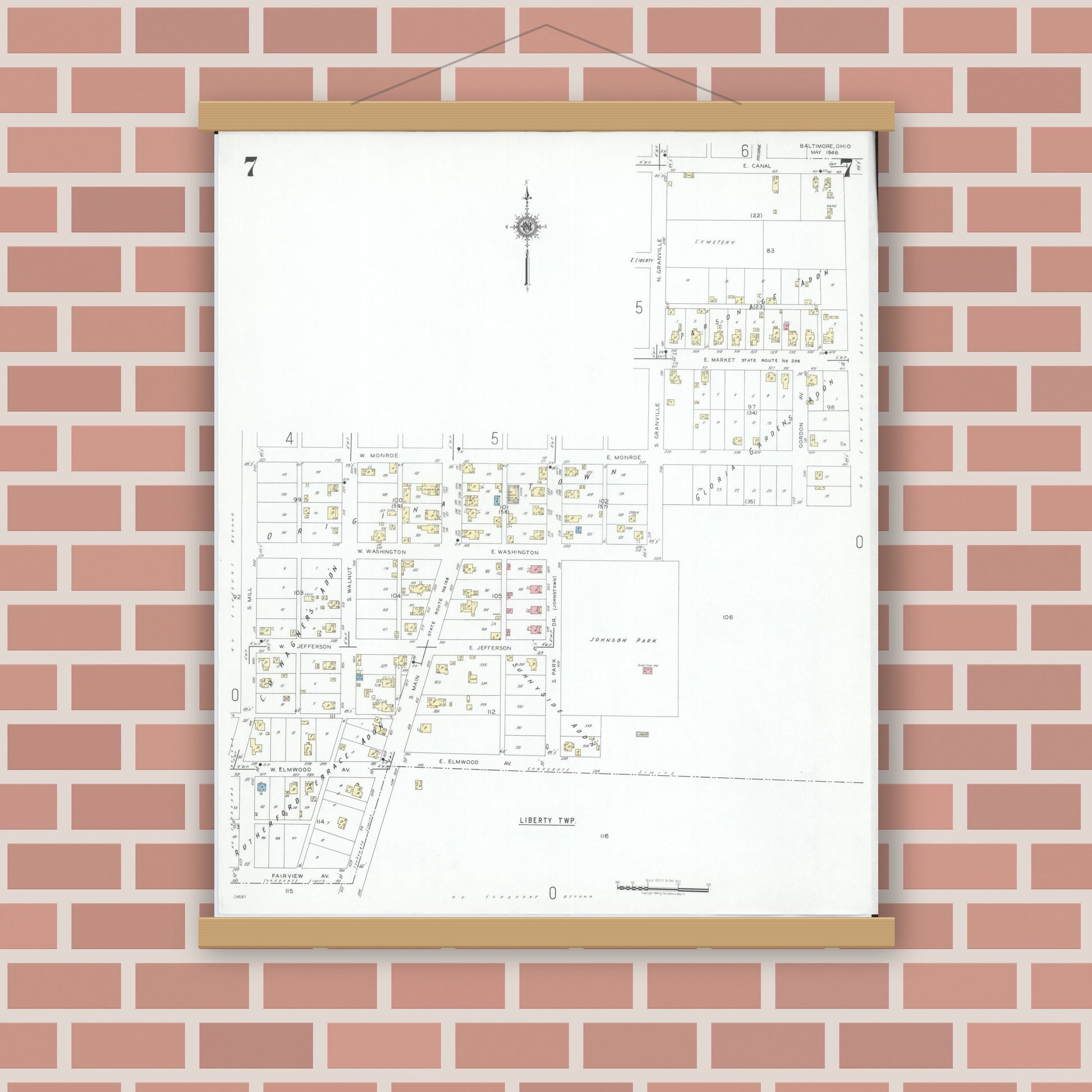 Old map wall art mockup — magnetic wood frame on brick wall — Sanborn Fire Insurance Map from Baltimore, Fairfield County, Ohio (1946), Sheet #0007