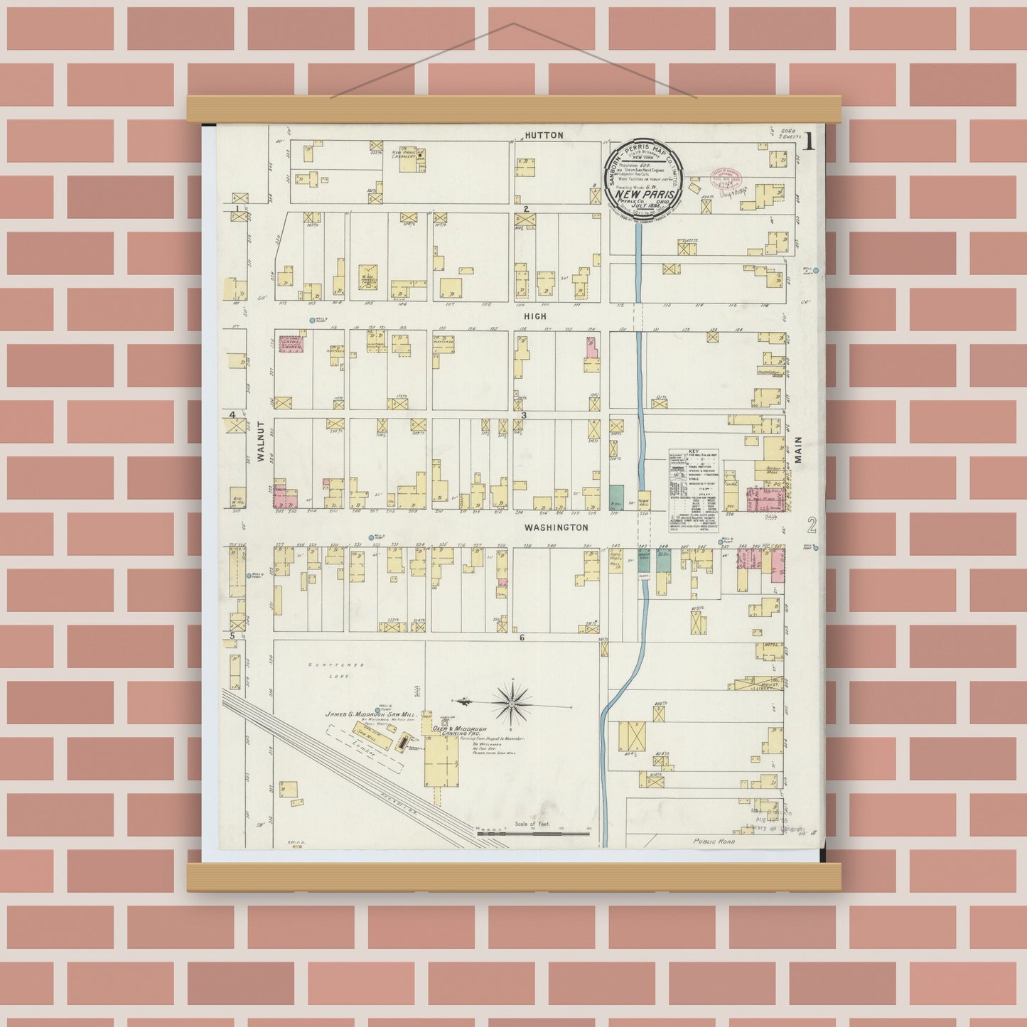 Old map wall art mockup — magnetic wood frame on brick wall — Sanborn Fire Insurance Map from New Paris, Preble County, Ohio (1895) - Complete Map Set