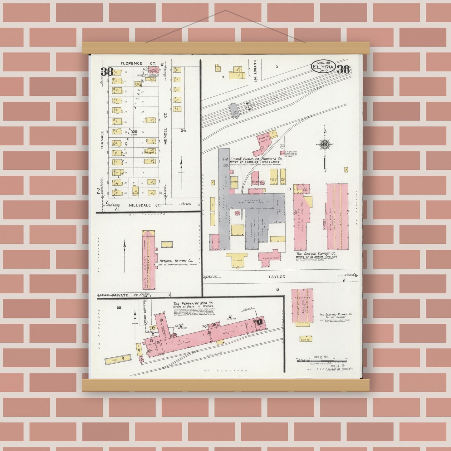 Old map wall art mockup — magnetic wood frame on brick wall — Sanborn Fire Insurance Map from Elyria, Lorain County, Ohio (1925), Sheet #0038