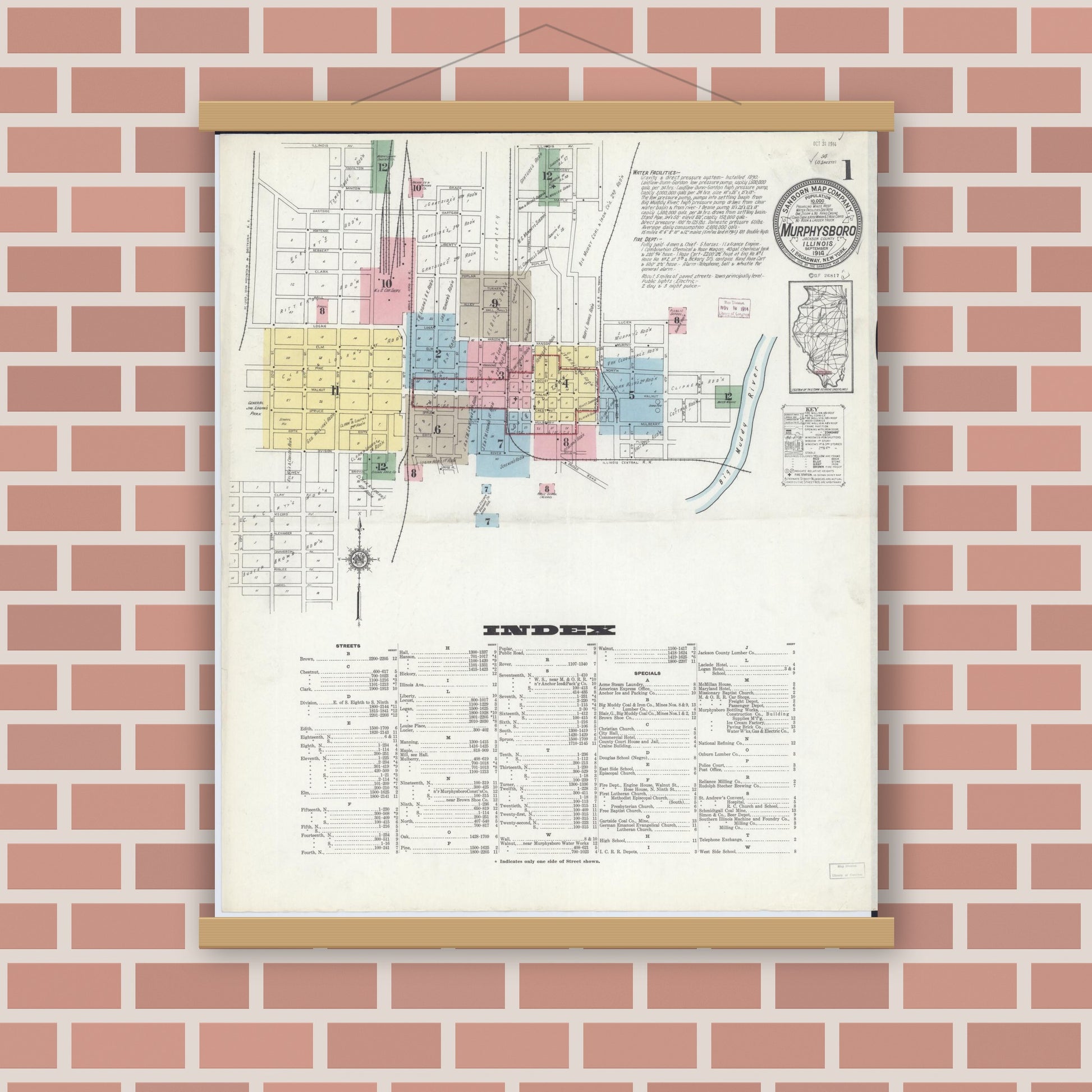 Old map wall art mockup — magnetic wood frame on brick wall — Sanborn Fire Insurance Map from Murphysboro, Jackson County, Illinois (1914) - Complete Map Set