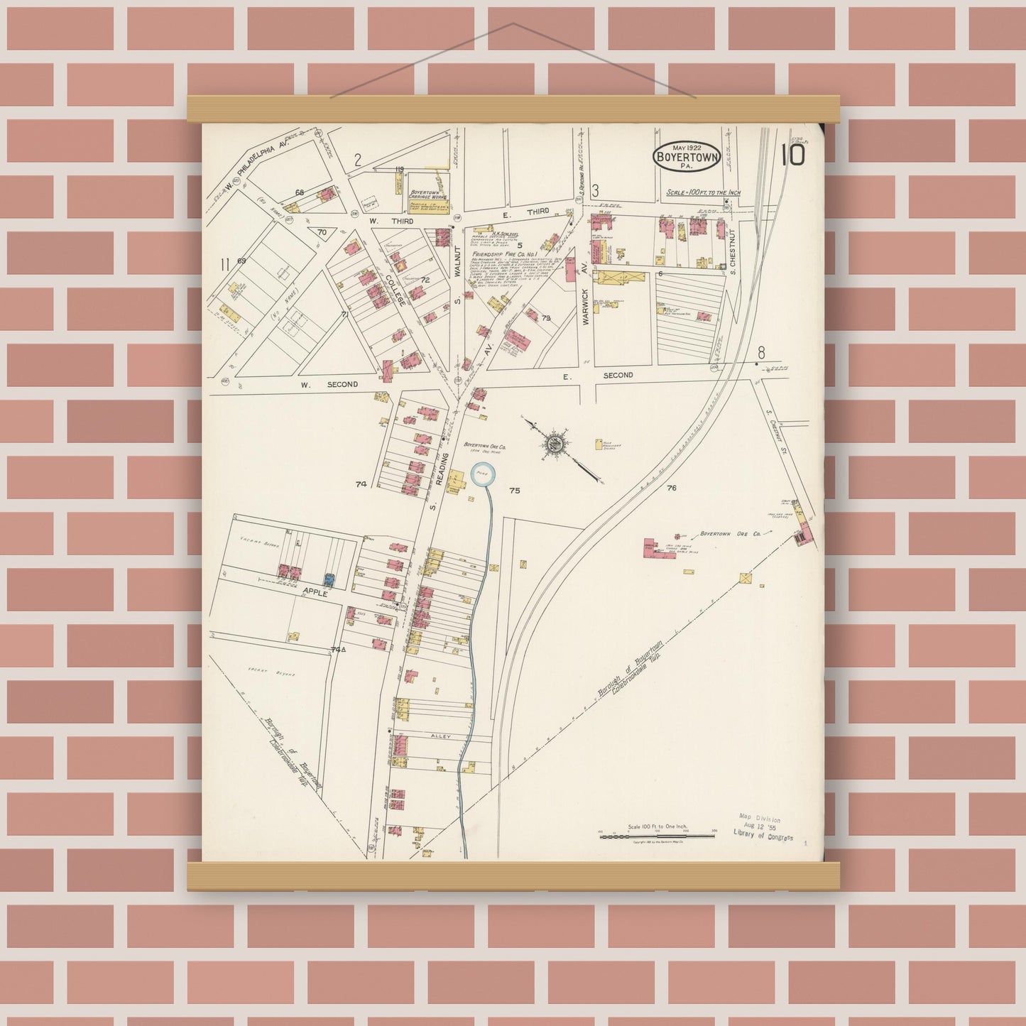 Old map wall art mockup — magnetic wood frame on brick wall — Sanborn Fire Insurance Map from Boyertown, Berks County, Pennsylvania (1922), Sheet #0010