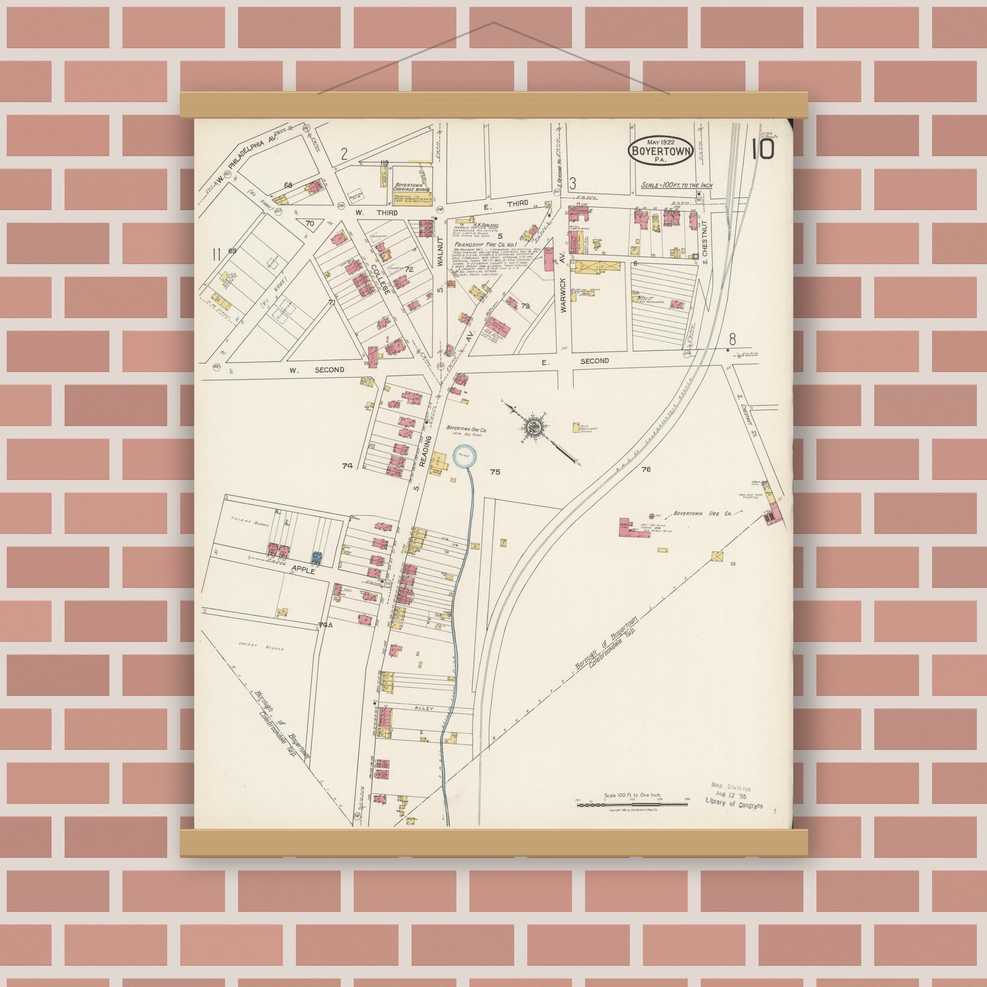 Old map wall art mockup — magnetic wood frame on brick wall — Sanborn Fire Insurance Map from Boyertown, Berks County, Pennsylvania (1922), Sheet #0010