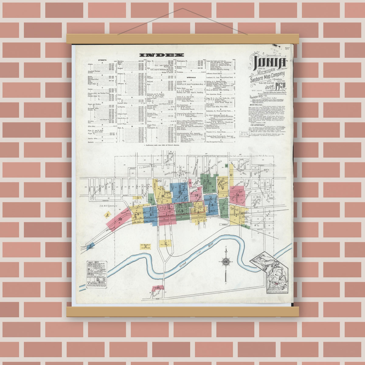 Old map wall art mockup — magnetic wood frame on brick wall — Sanborn Fire Insurance Map from Ionia, Ionia County, Michigan (1920), Sheet #0001