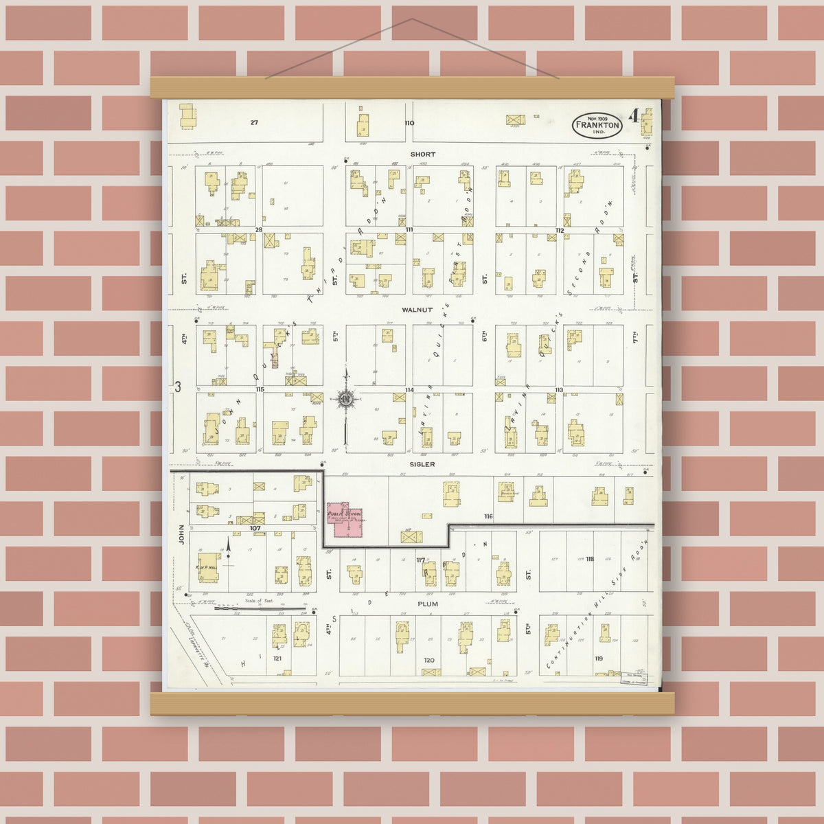 Old map wall art mockup — magnetic wood frame on brick wall — Sanborn Fire Insurance Map from Frankton, Madison County, Indiana (1909), Sheet #0004