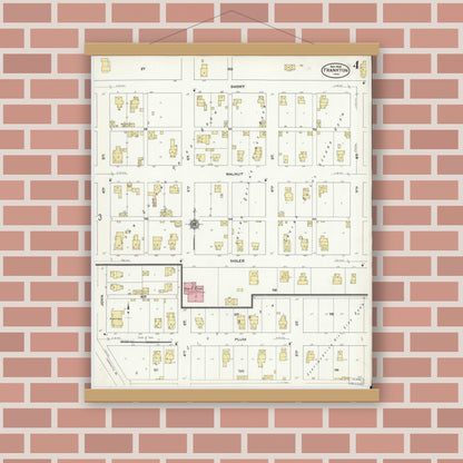 Old map wall art mockup — magnetic wood frame on brick wall — Sanborn Fire Insurance Map from Frankton, Madison County, Indiana (1909), Sheet #0004