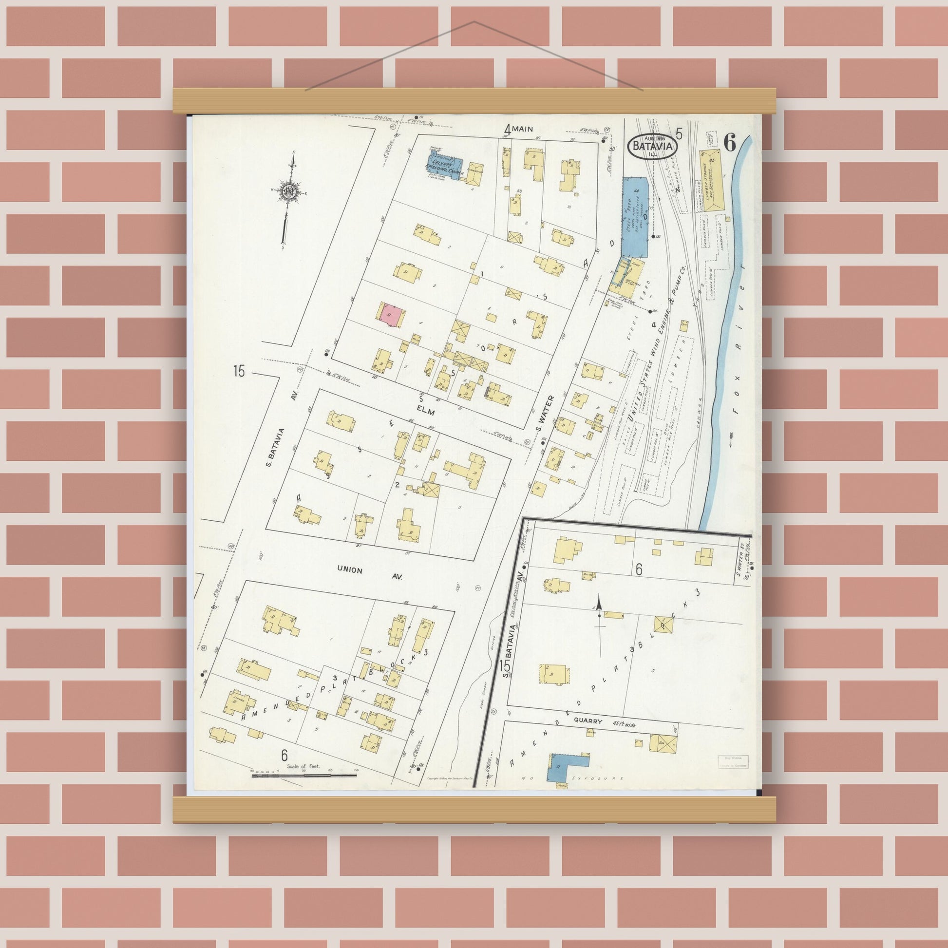 Old map wall art mockup — magnetic wood frame on brick wall — Sanborn Fire Insurance Map from Batavia, Kane County, Illinois (1916), Sheet #0006