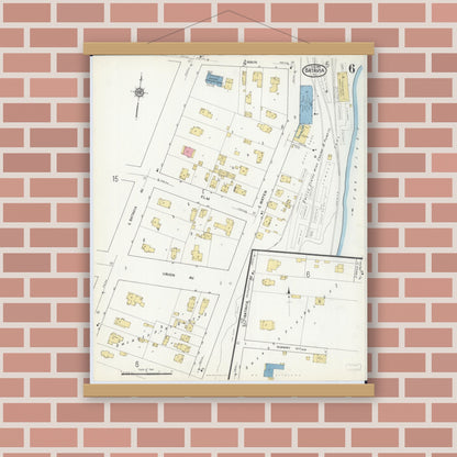 Old map wall art mockup — magnetic wood frame on brick wall — Sanborn Fire Insurance Map from Batavia, Kane County, Illinois (1916), Sheet #0006