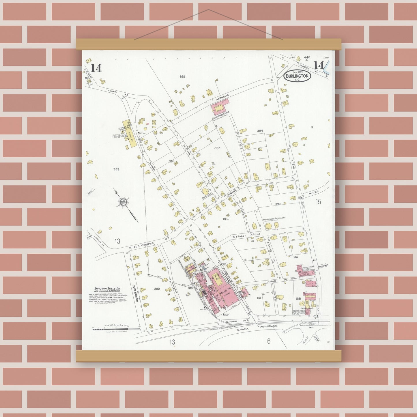 Old map wall art mockup — magnetic wood frame on brick wall — Sanborn Fire Insurance Map from Burlington, Alamance County, North Carolina (1929), Sheet #0014
