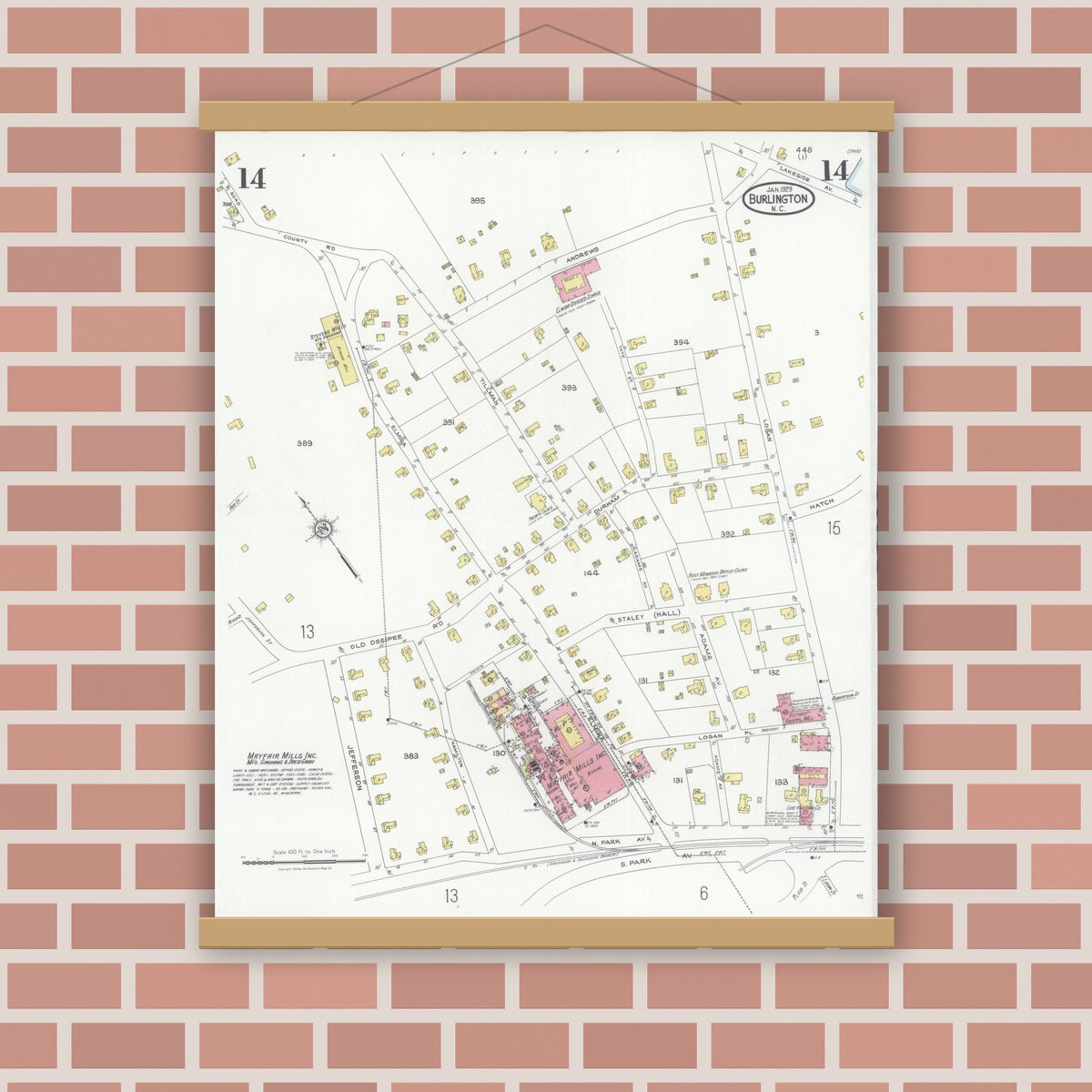 Old map wall art mockup — magnetic wood frame on brick wall — Sanborn Fire Insurance Map from Burlington, Alamance County, North Carolina (1929), Sheet #0014