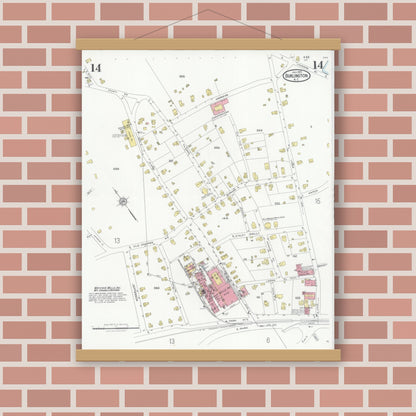 Old map wall art mockup — magnetic wood frame on brick wall — Sanborn Fire Insurance Map from Burlington, Alamance County, North Carolina (1929), Sheet #0014
