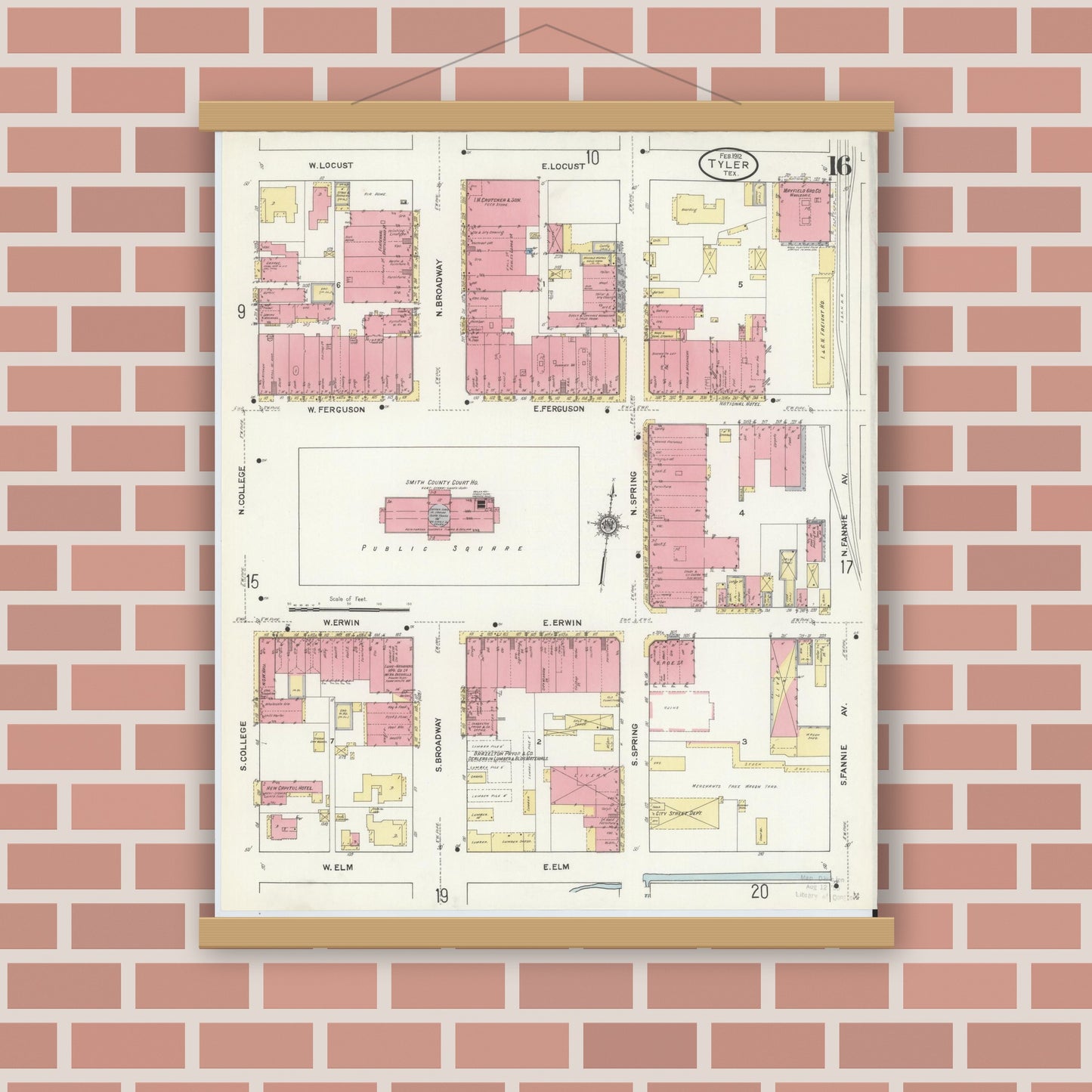 Old map wall art mockup — magnetic wood frame on brick wall — Sanborn Fire Insurance Map from Tyler, Smith County, Texas (1912), Sheet #0016