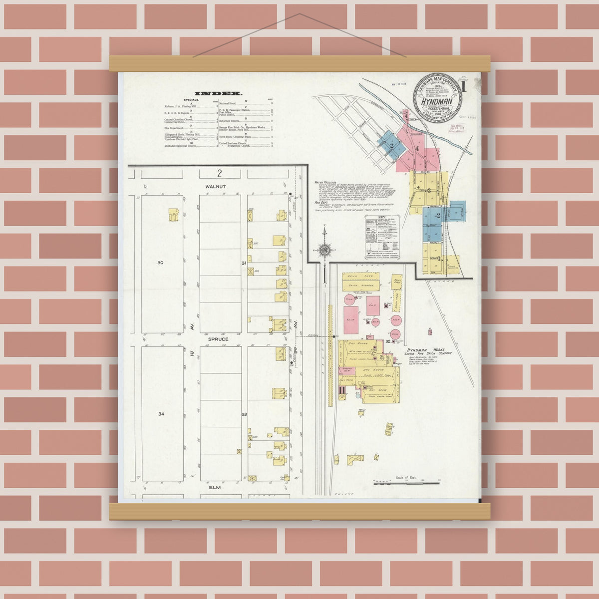 Old map wall art mockup — magnetic wood frame on brick wall — Sanborn Fire Insurance Map from Hyndman, Bedford County, Pennsylvania (1910) - Complete Map Set