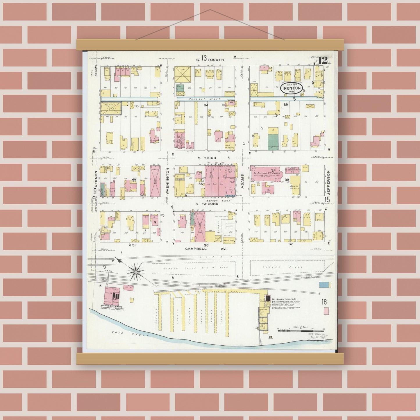 Old map wall art mockup — magnetic wood frame on brick wall — Sanborn Fire Insurance Map from Ironton, Lawrence County, Ohio (1909), Sheet #0012