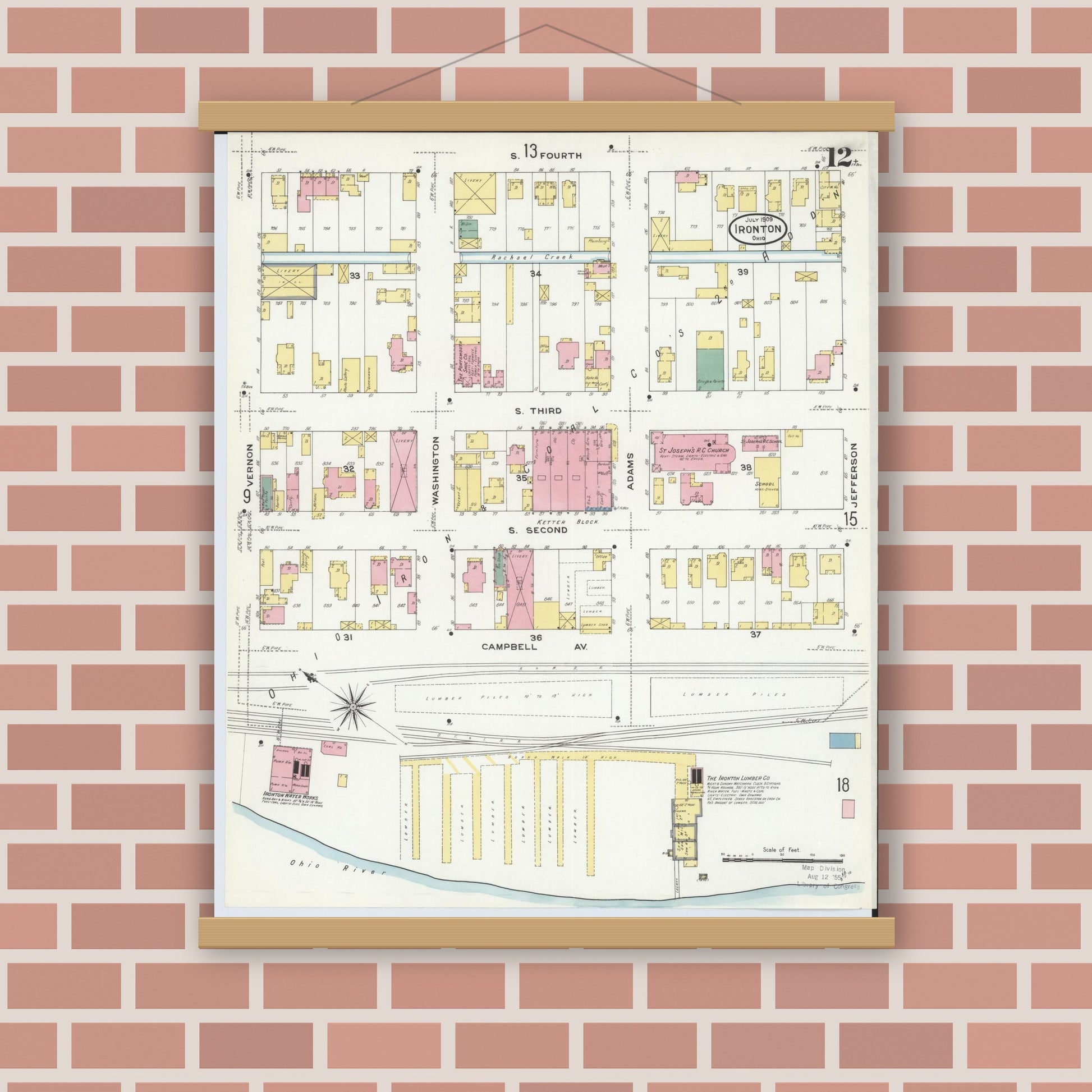 Old map wall art mockup — magnetic wood frame on brick wall — Sanborn Fire Insurance Map from Ironton, Lawrence County, Ohio (1909), Sheet #0012