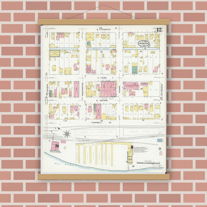Old map wall art mockup — magnetic wood frame on brick wall — Sanborn Fire Insurance Map from Ironton, Lawrence County, Ohio (1909), Sheet #0012
