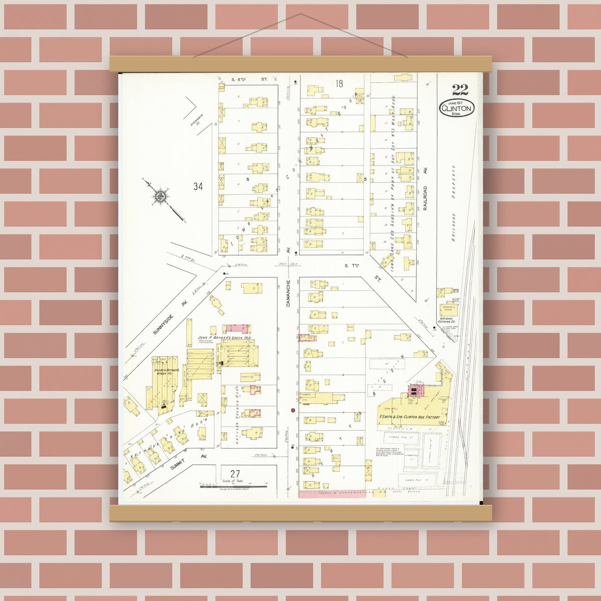 Old map wall art mockup — magnetic wood frame on brick wall — Sanborn Fire Insurance Map from Clinton, Clinton County, Iowa (1917), Sheet #0022