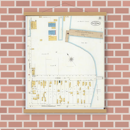 Old map wall art mockup — magnetic wood frame on brick wall — Sanborn Fire Insurance Map from Sault Sainte Marie, Chippewa County, Michigan (1906), Sheet #0011