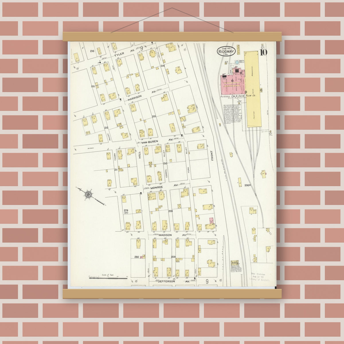 Old map wall art mockup — magnetic wood frame on brick wall — Sanborn Fire Insurance Map from Ridgway, Elk County, Pennsylvania (1915), Sheet #0010