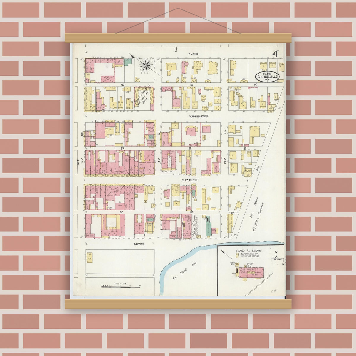 Old map wall art mockup — magnetic wood frame on brick wall — Sanborn Fire Insurance Map from Brownsville, Cameron County, Texas (1906), Sheet #0004