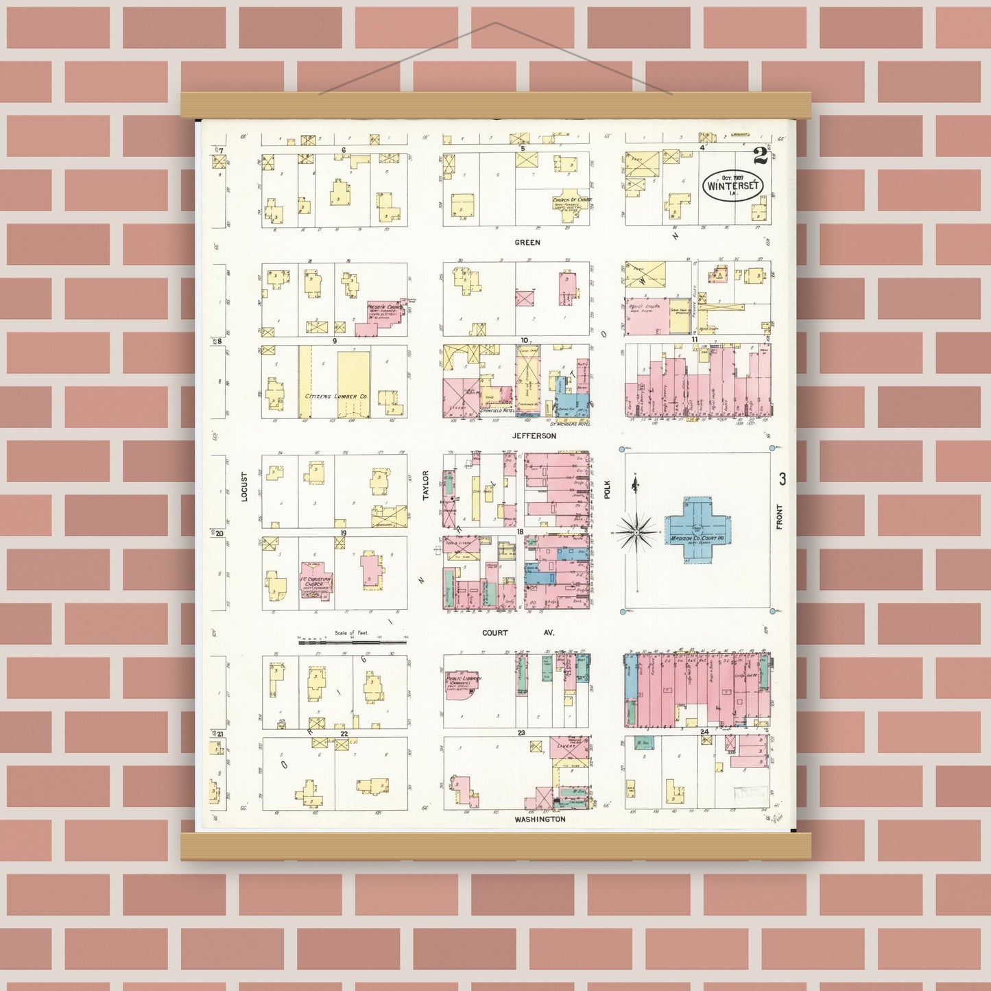 Old map wall art mockup — magnetic wood frame on brick wall — Sanborn Fire Insurance Map from Winterset, Madison County, Iowa (1907), Sheet #0002