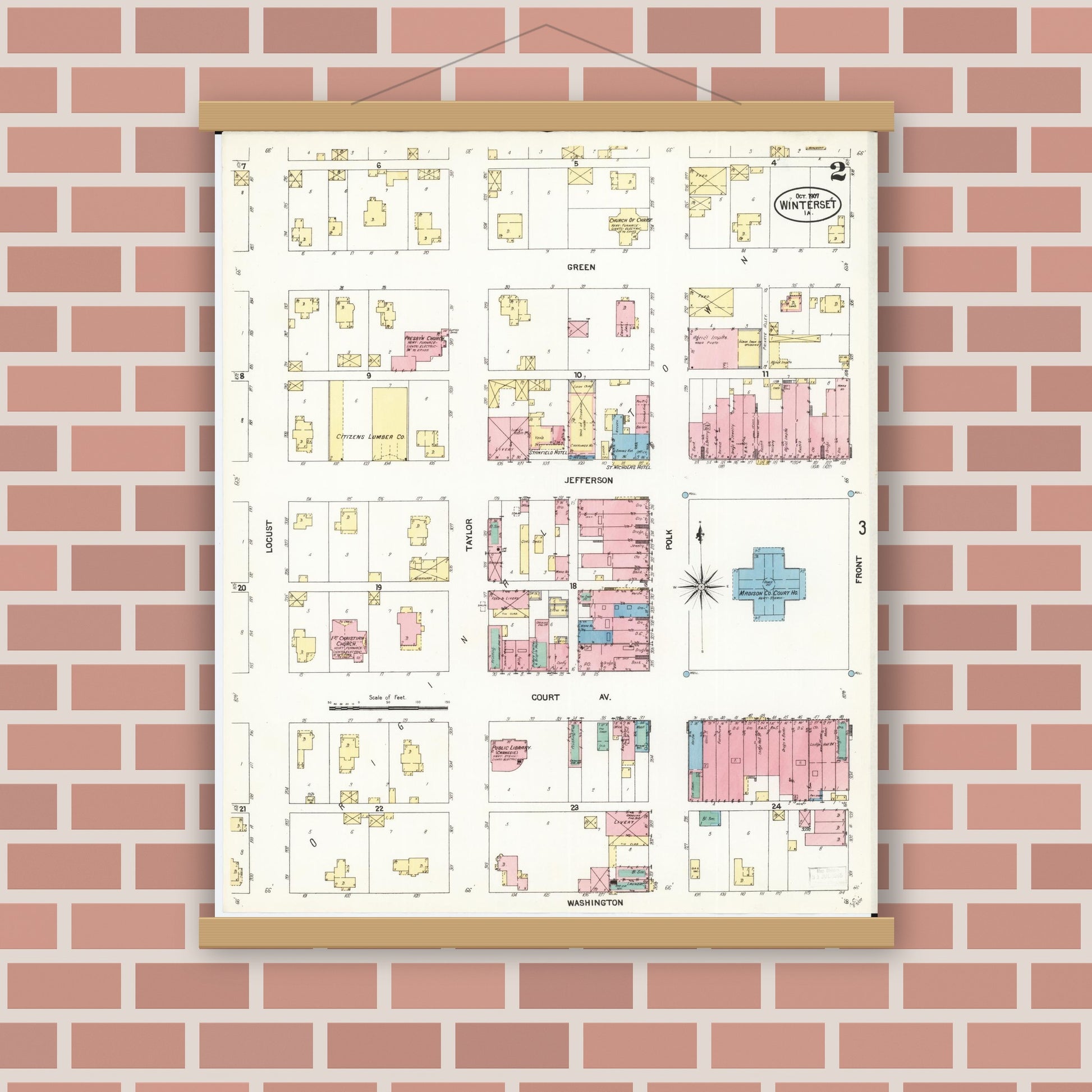 Old map wall art mockup — magnetic wood frame on brick wall — Sanborn Fire Insurance Map from Winterset, Madison County, Iowa (1907), Sheet #0002