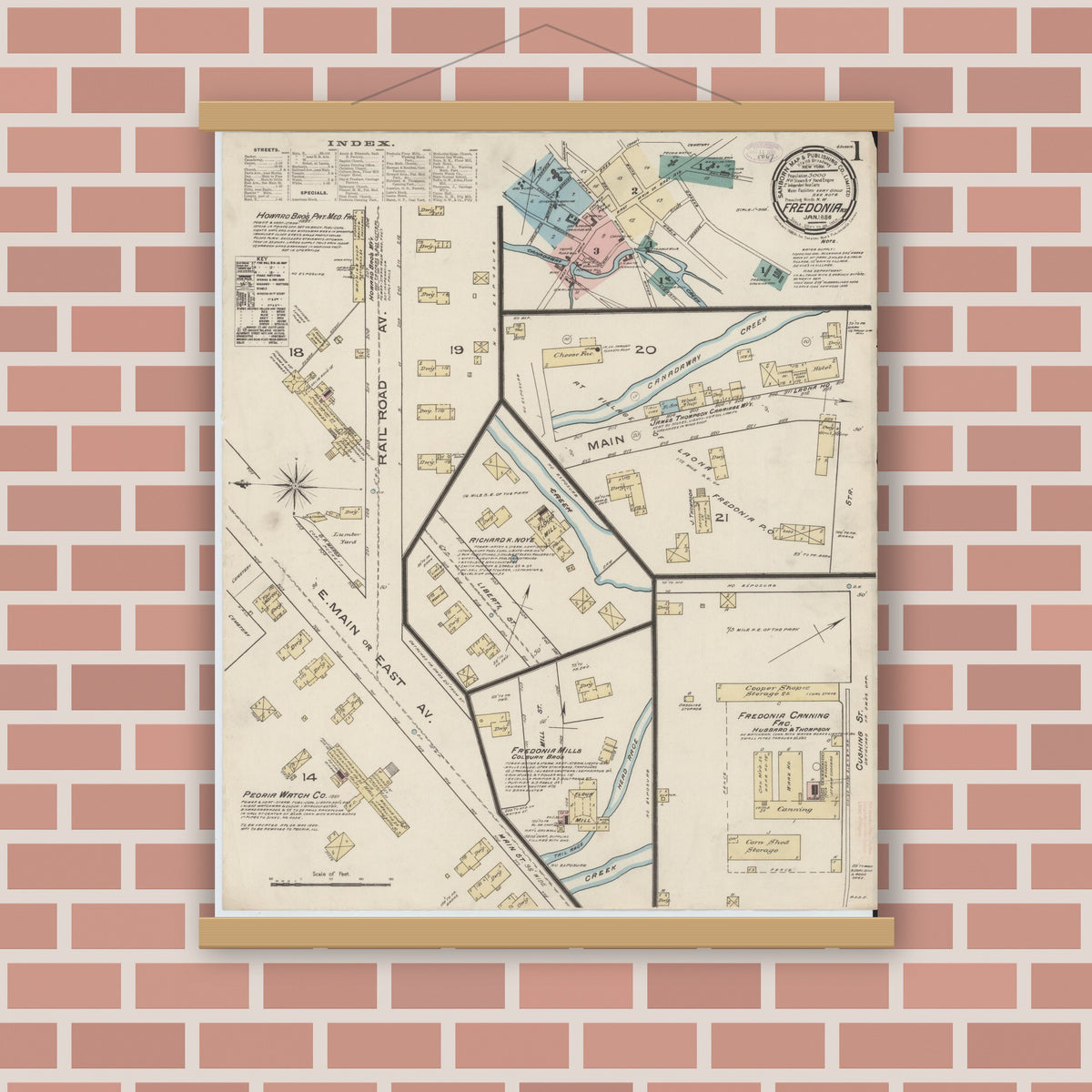 Old map wall art mockup — magnetic wood frame on brick wall — Sanborn Fire Insurance Map from Fredonia, Chautauqua County, New York (1886), Sheet #0001