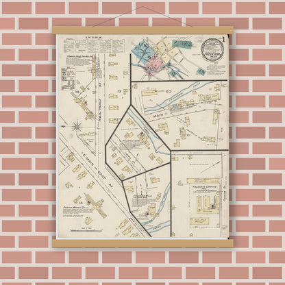 Old map wall art mockup — magnetic wood frame on brick wall — Sanborn Fire Insurance Map from Fredonia, Chautauqua County, New York (1886), Sheet #0001