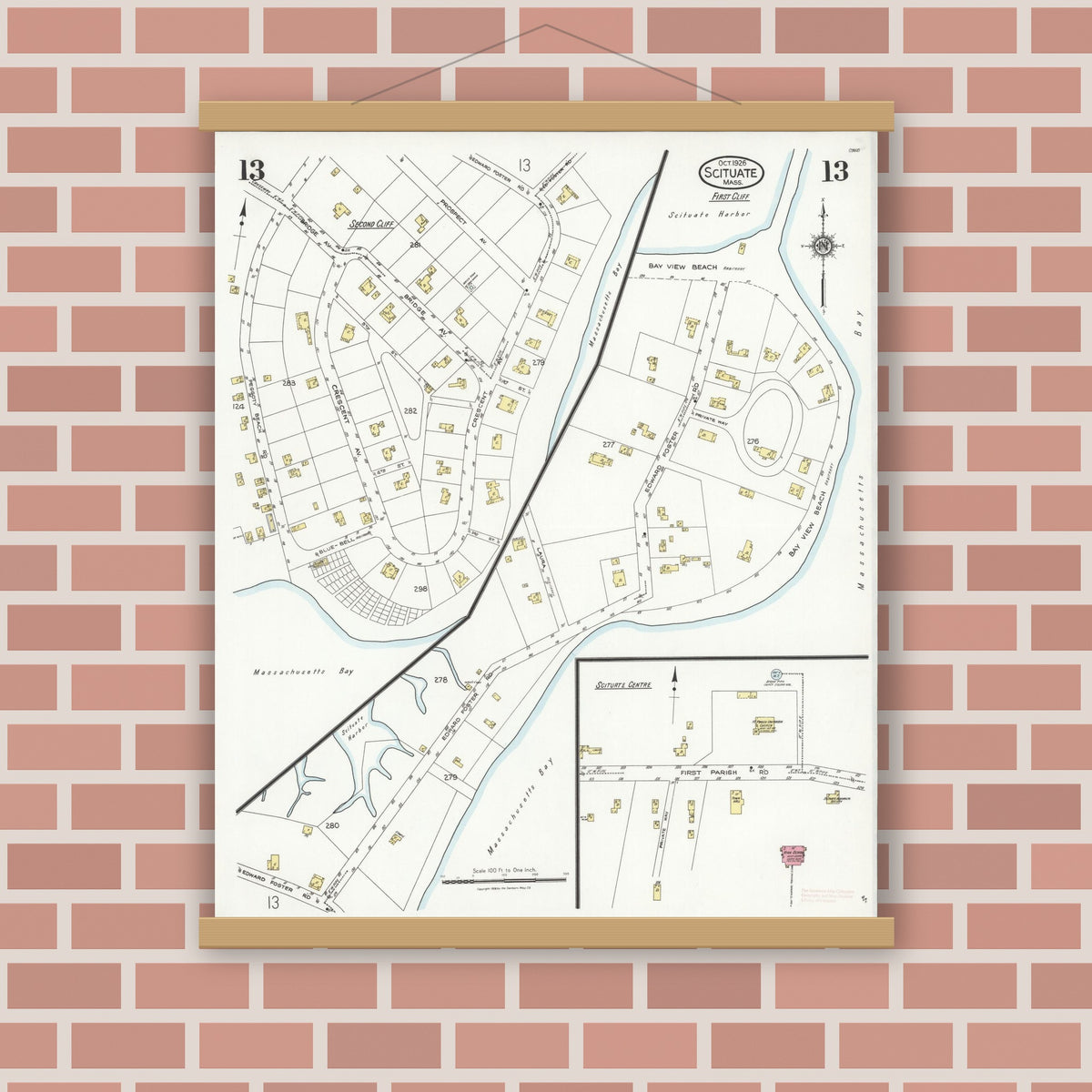 Old map wall art mockup — magnetic wood frame on brick wall — Sanborn Fire Insurance Map from Scituate, Plymouth County, Massachusetts (1926), Sheet #0013