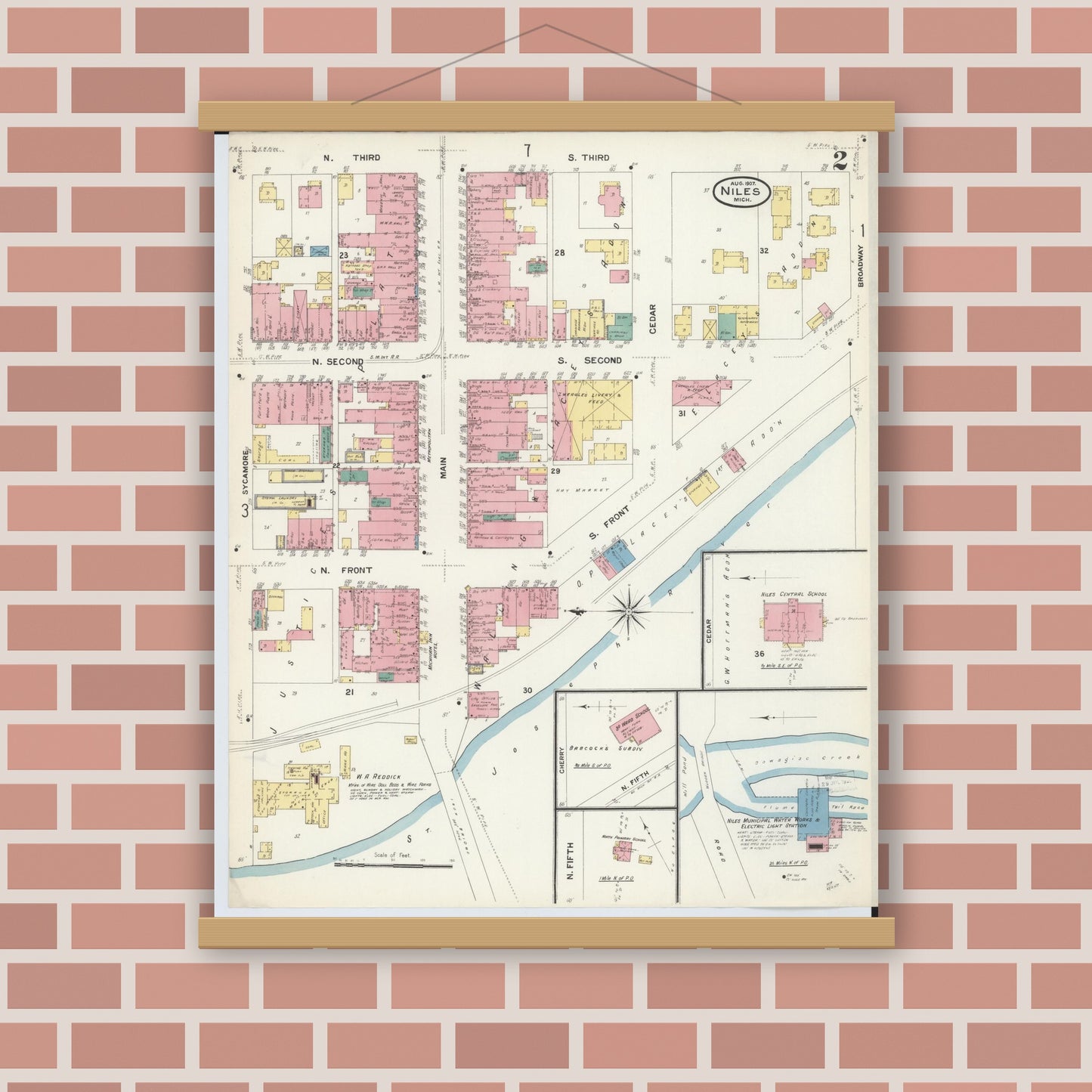 Old map wall art mockup — magnetic wood frame on brick wall — Sanborn Fire Insurance Map from Niles, Berrien County, Michigan (1907), Sheet #0002