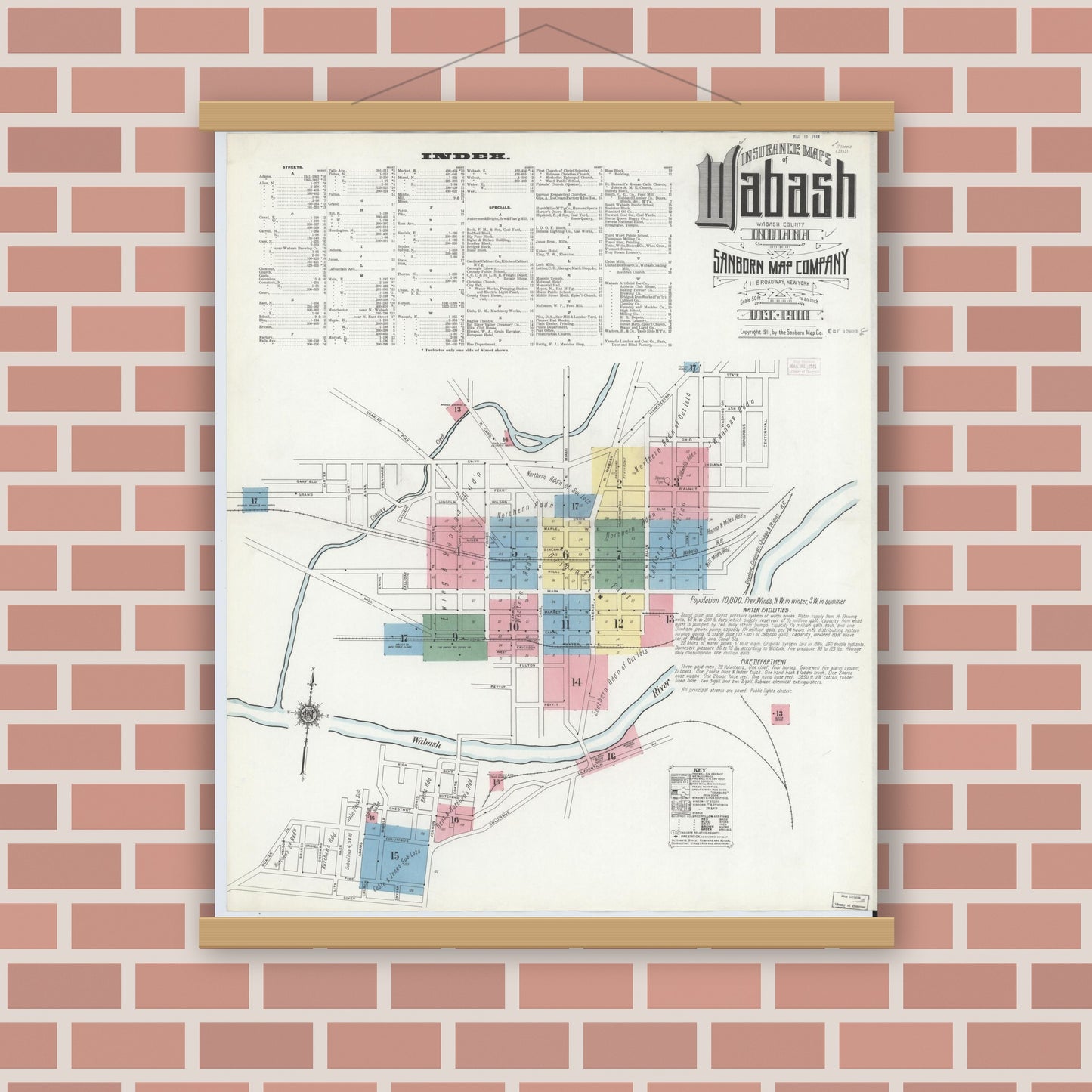 Old map wall art mockup — magnetic wood frame on brick wall — Sanborn Fire Insurance Map from Wabash, Wabash County, Indiana (1910), Sheet #0001