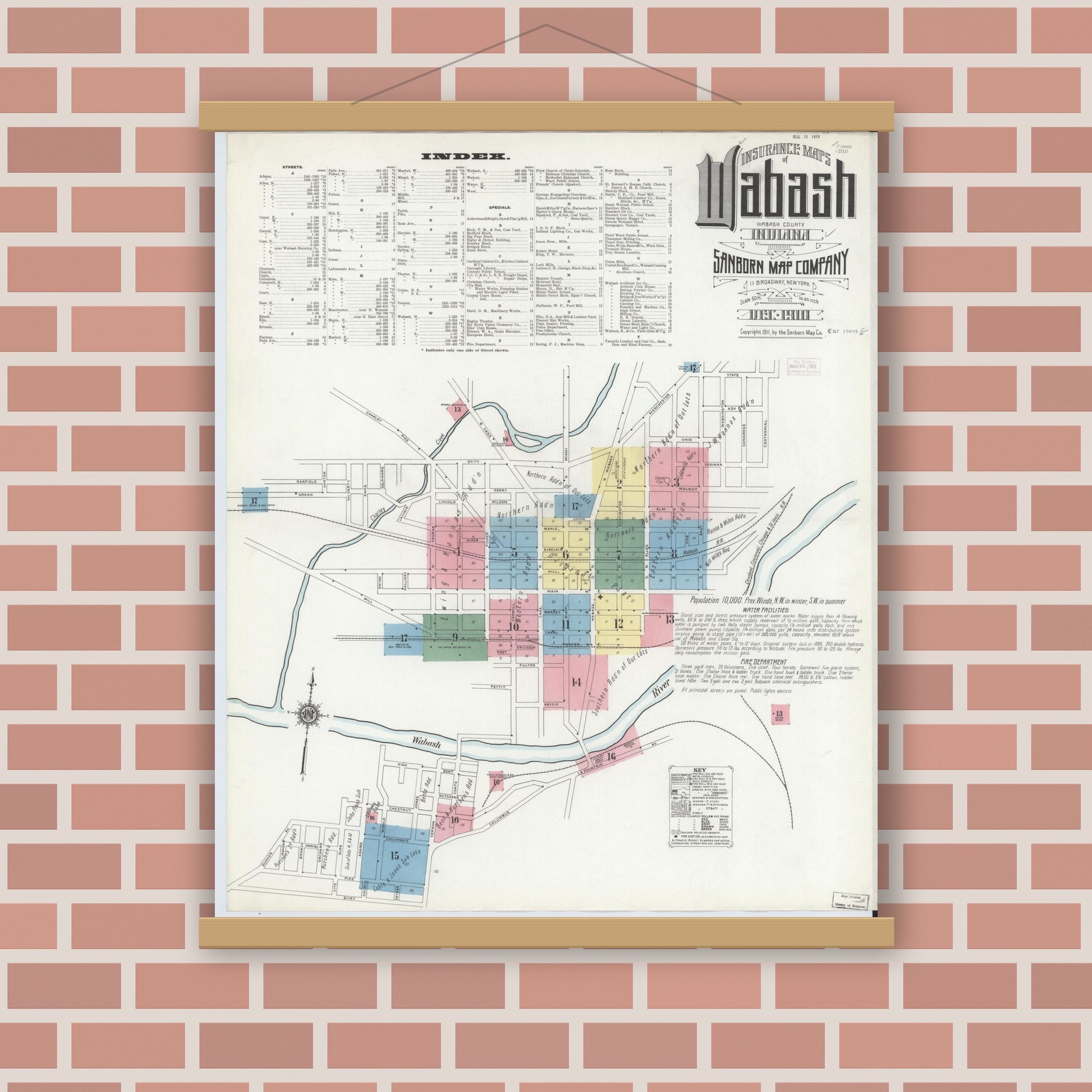 Old map wall art mockup — magnetic wood frame on brick wall — Sanborn Fire Insurance Map from Wabash, Wabash County, Indiana (1910), Sheet #0001