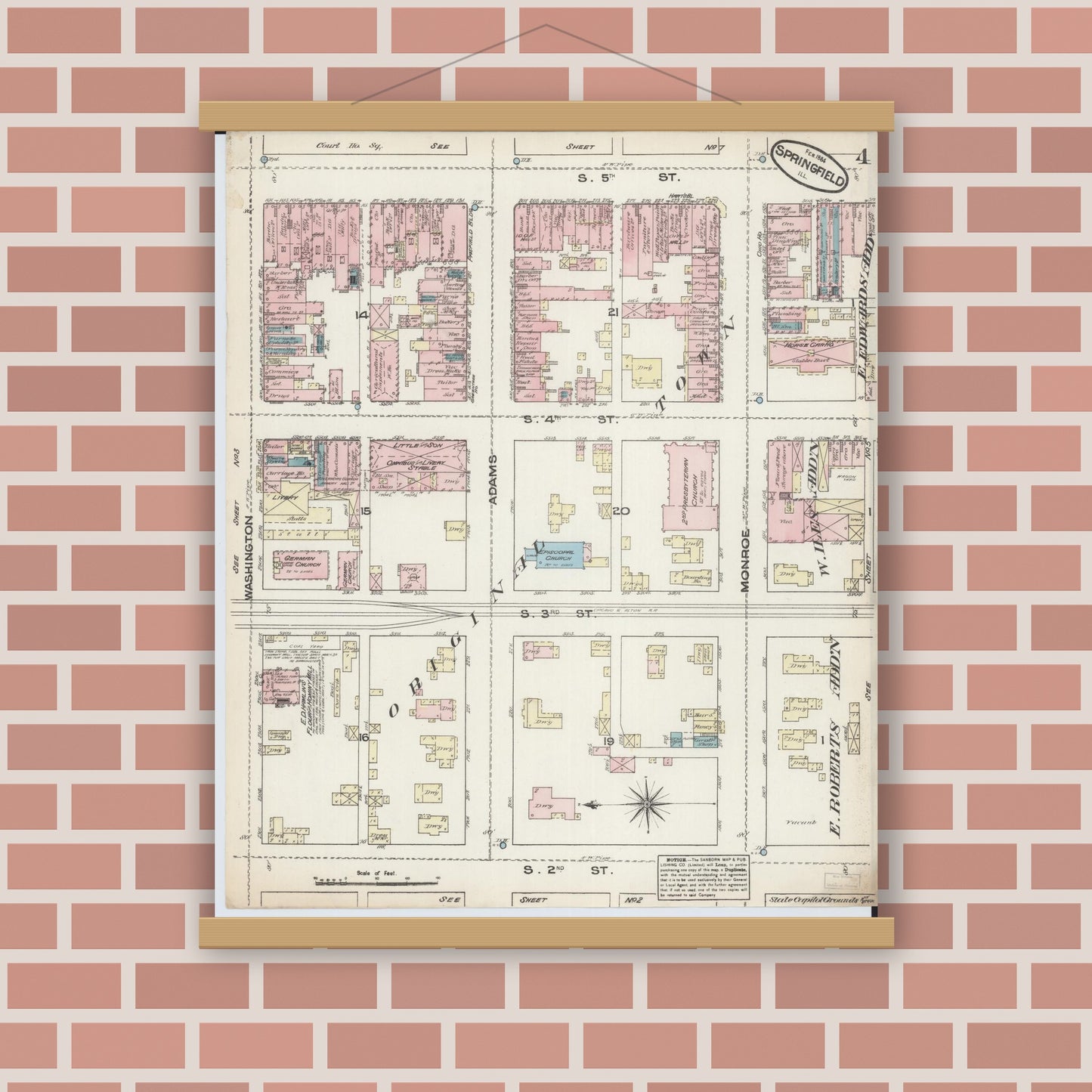 Old map wall art mockup — magnetic wood frame on brick wall — Sanborn Fire Insurance Map from Springfield, Sangamon County, Illinois (1884), Sheet #0004