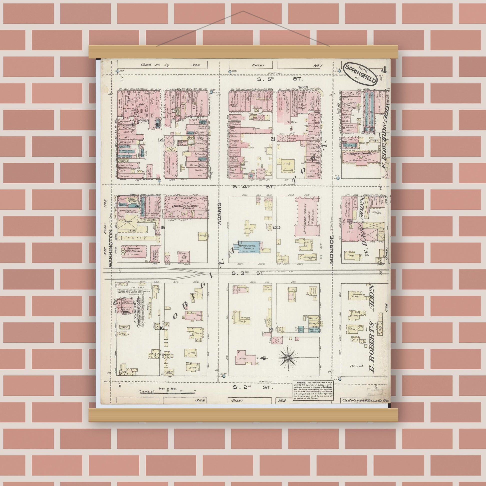 Old map wall art mockup — magnetic wood frame on brick wall — Sanborn Fire Insurance Map from Springfield, Sangamon County, Illinois (1884), Sheet #0004