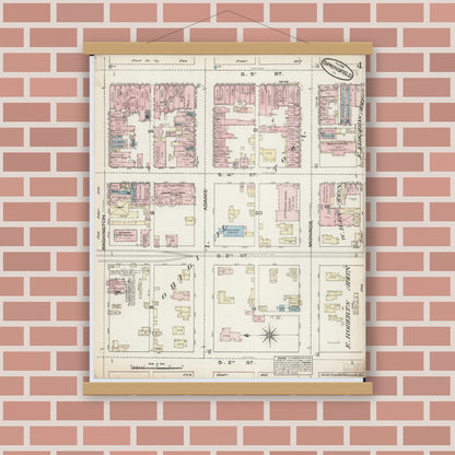 Old map wall art mockup — magnetic wood frame on brick wall — Sanborn Fire Insurance Map from Springfield, Sangamon County, Illinois (1884), Sheet #0004