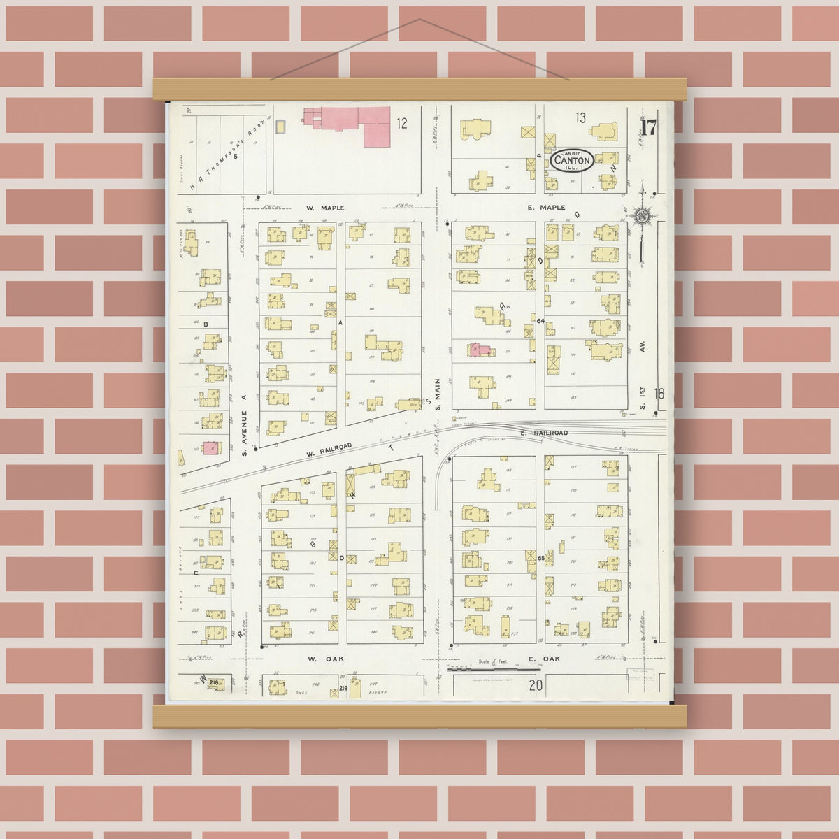 Old map wall art mockup — magnetic wood frame on brick wall — Sanborn Fire Insurance Map from Canton, Fulton County, Illinois (1917), Sheet #0017
